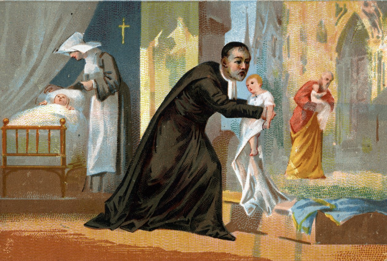 Św. Wincenty a Paulo (1576-1660), znany z dobroczynności, twórca szpitala dla dzieci znajdywanych. Chromolitografia XIX wieku. autorstwa Unknown artist