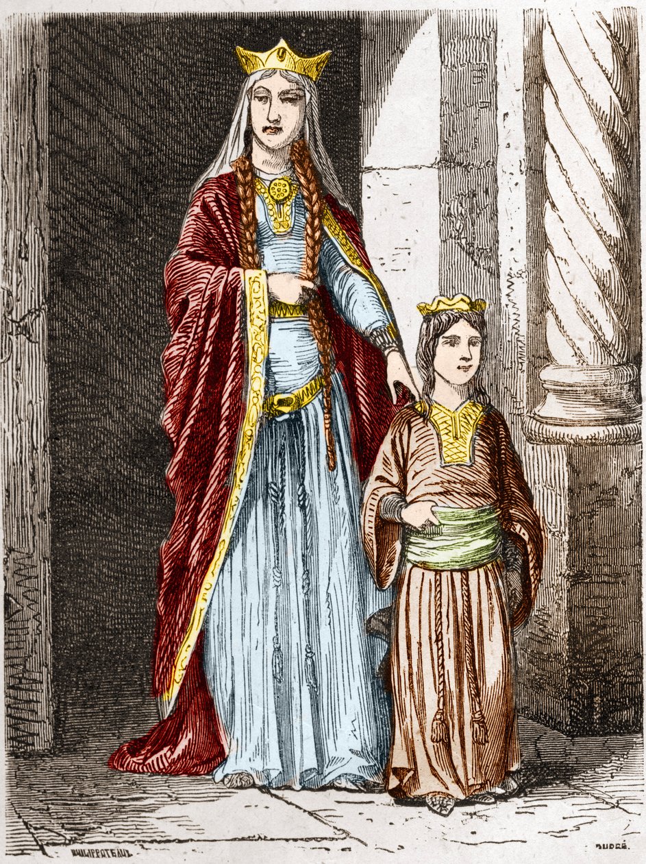 Św Bathilde (lub Batilde, Bathylle, Beaudour) (626-680), królowa Franków z Clotaire. Grawerowanie w „Historii Francji w stu obrazach Paula Lehugeura” 1891 autorstwa Unknown artist