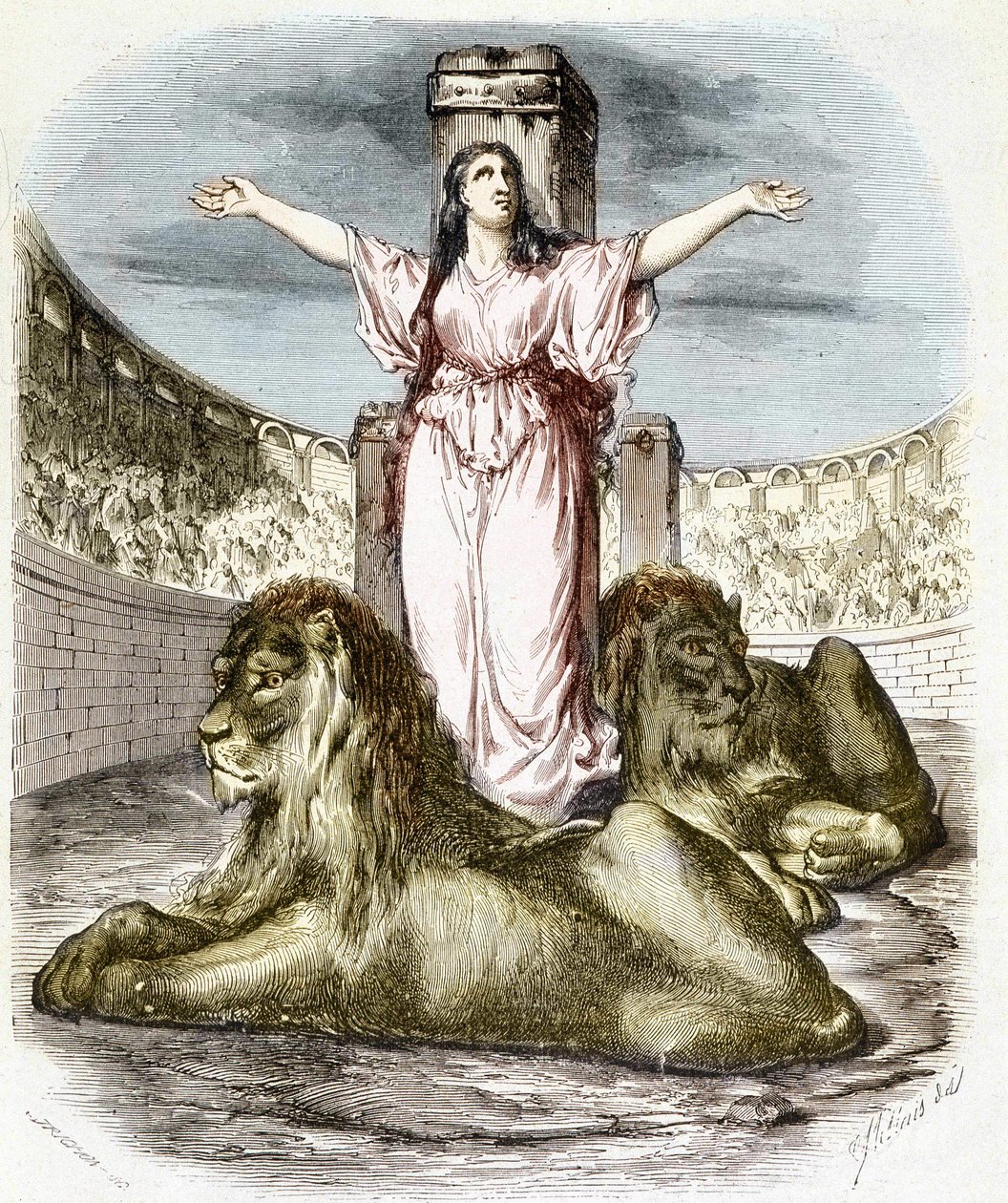 Sainte Blandine na arenie, lwy leżące u jego stóp (prześladowania chrześcijańskie w Lyonie) – w „Histoire des Popes” Maurice Lachatre autorstwa Unknown artist