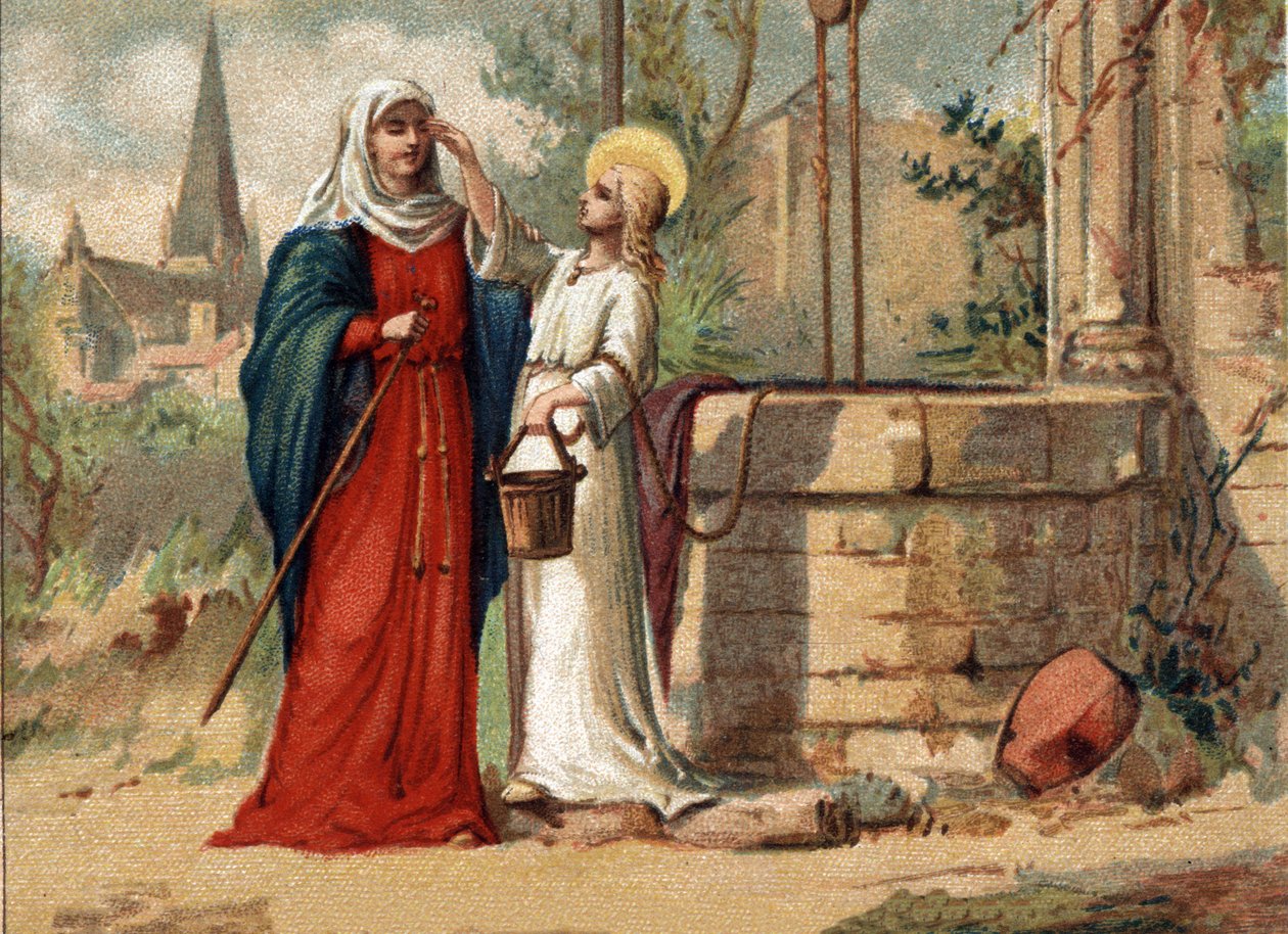 Sainte Genevieve (422-502), patronka Paryża, ukazuje jej morze. Chromolitografia około 1890 r. autorstwa Unknown artist
