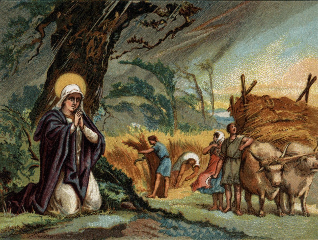 Sainte Genevieve (422-502), patronka Paryża, przechowuje zbiory burzy w meaux. Chromolitografia około 1890 r. autorstwa Unknown artist