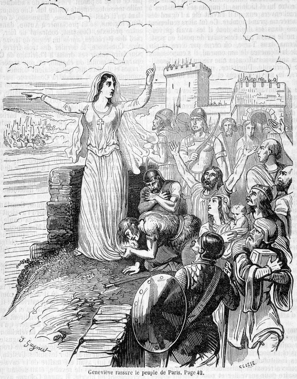 Sainte Geneviève, organizuje obronę Paryża przed hordami Attyli i uspokaja ludność Paryża – w „Histoire de France” Anquetila autorstwa Unknown artist