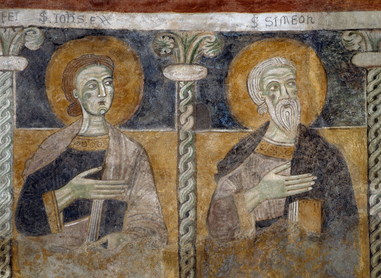 Święci Jan Ewangelista i Symeon, fragment fresku z XII wieku w bazylice świętych Sisinio, Męczennika i Alessandro, San Zeno di Trento, Trentino-Alto Adige, Włochy. autorstwa Unknown artist