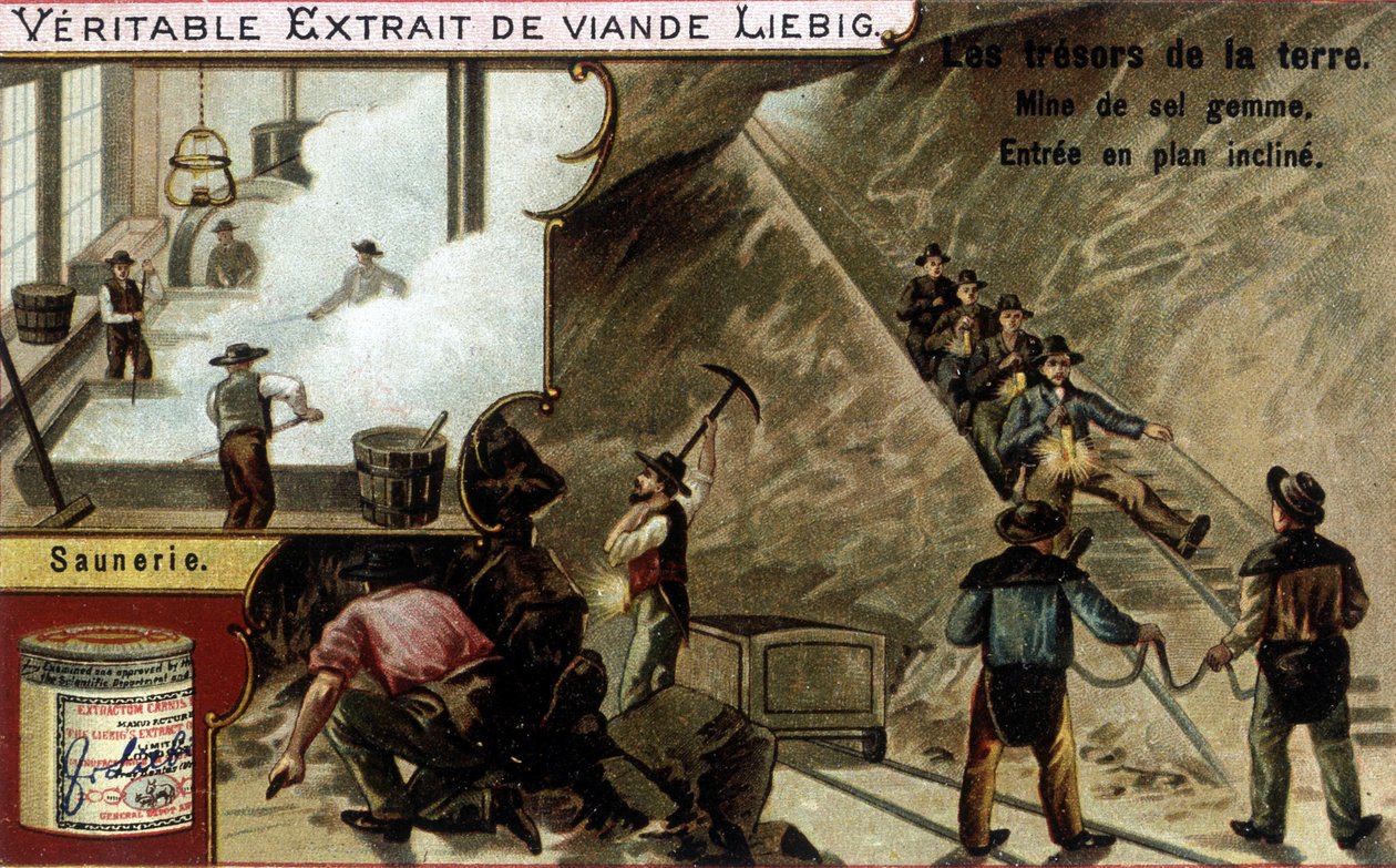 Solanka i kopalnia soli: wydobycie soli i saunier. Chromolitografia produktów Liebiga, seria „Les trresors de la terre”. autorstwa Unknown artist