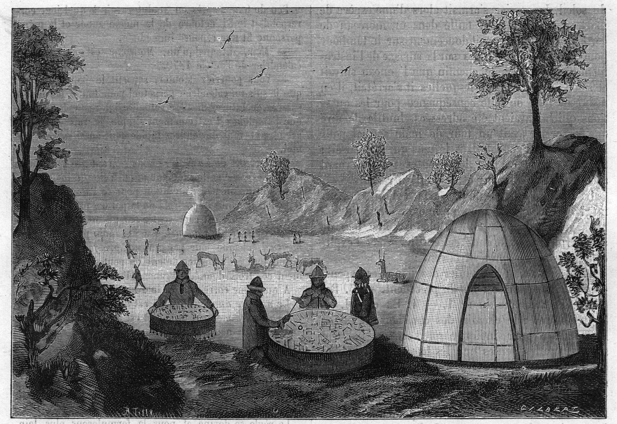 Sami czarodziej przepowiadający przyszłość za pomocą magicznego bębna. Rycina z 1885 roku. autorstwa Unknown artist