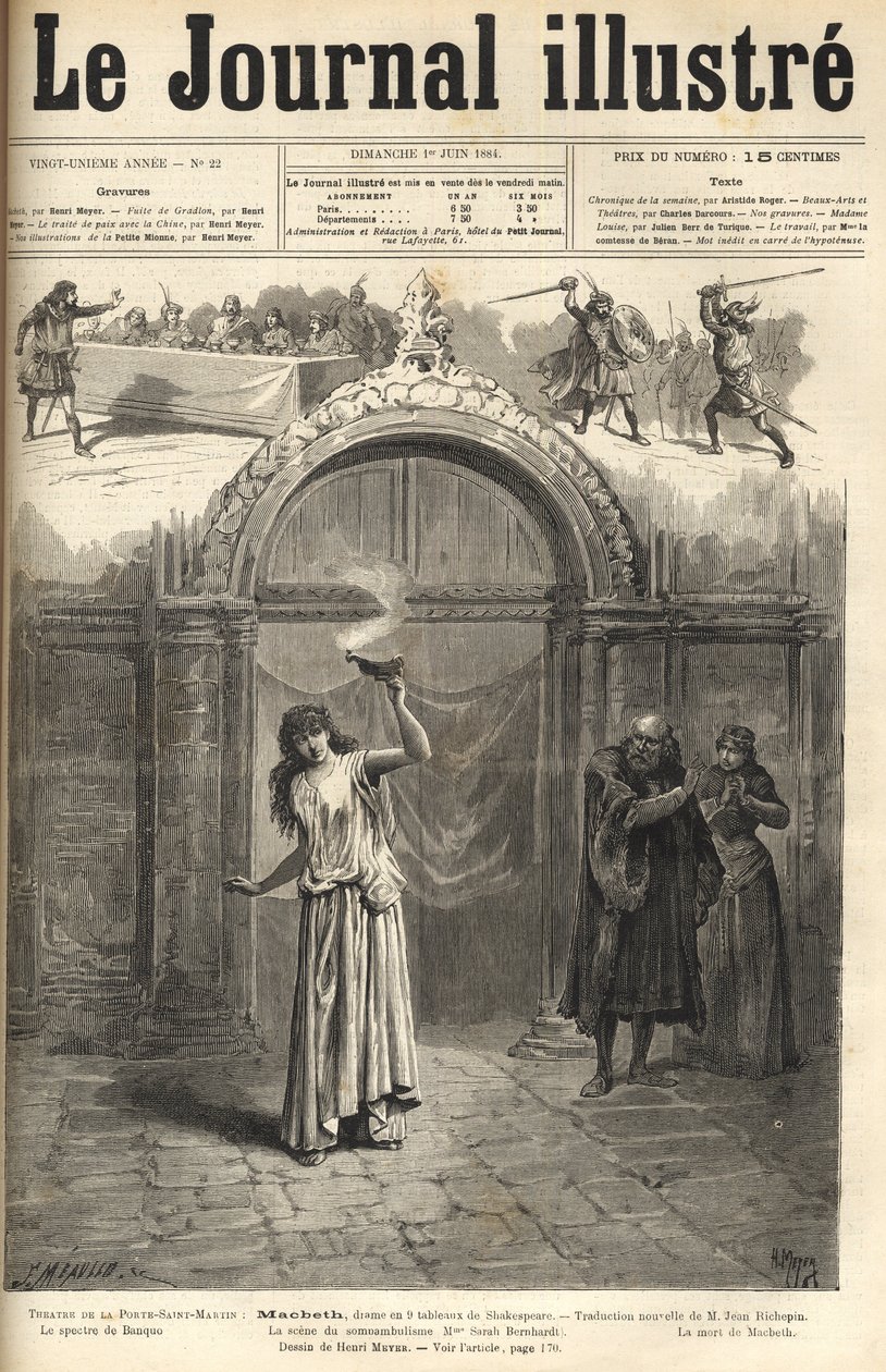 Sarah Bernhardt: Lady Makbet w „Makbecie”, dramat Szekspira w adaptacji Jeana Richepina – Theatre de la porte Saint-Martin – rycina w „Le journal illustrious”” z 1884 roku autorstwa Unknown artist