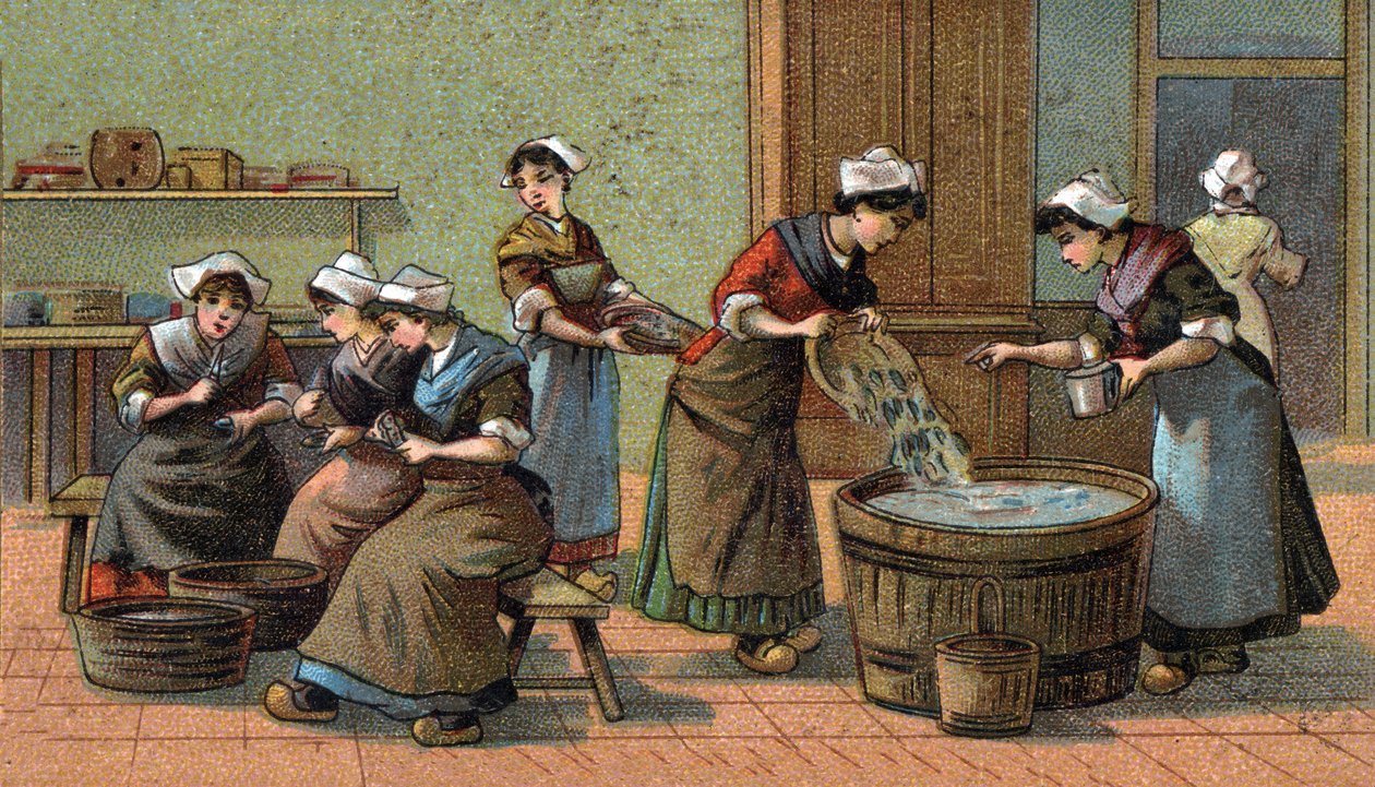 Przemysł sardynkowy: głowice tnące, solenie. Chromolitografia z końca XIX wieku autorstwa Unknown artist