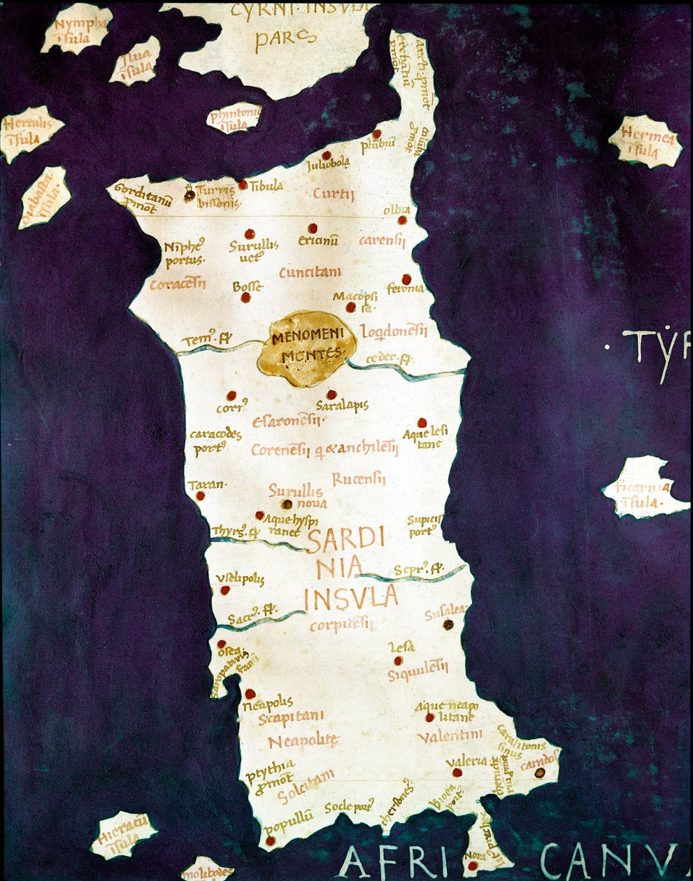Sardynia (Sardegna). Szczegół mapy geograficznej towarzyszącej „Kosmografii” (Geografia) Claude Ptomelee (II wne), Neapol z końca XV wieku, Biblioteca dei Gerolamini autorstwa Unknown artist