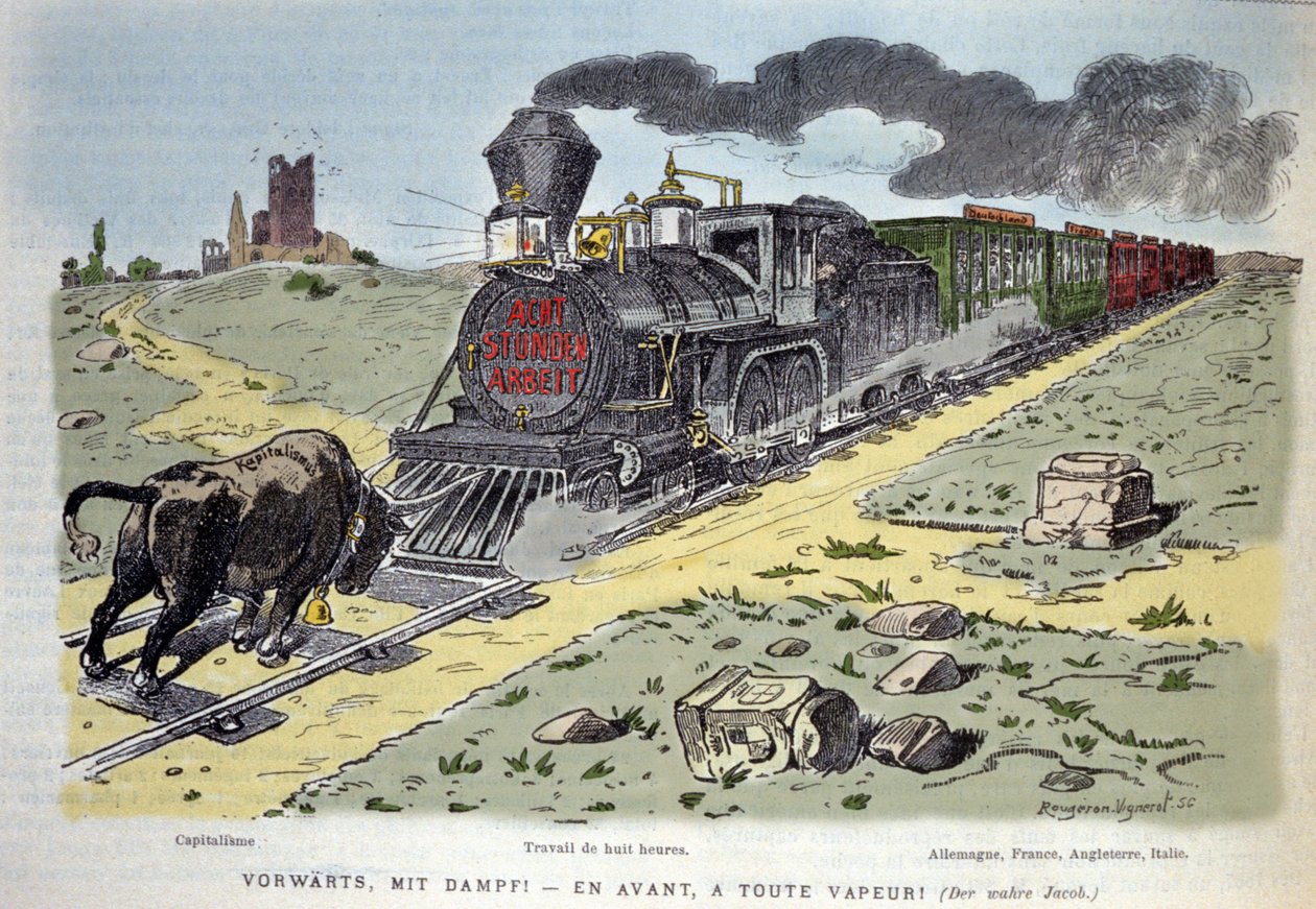 Satyryczna winieta alegoryczna: byk symbol kapitalizmu próbuje zatrzymać pociąg reformy pracy. Każdy wagon przeznaczony jest dla kraju: Niemcy, Francja, Anglia, Włochy 1897 autorstwa Unknown artist