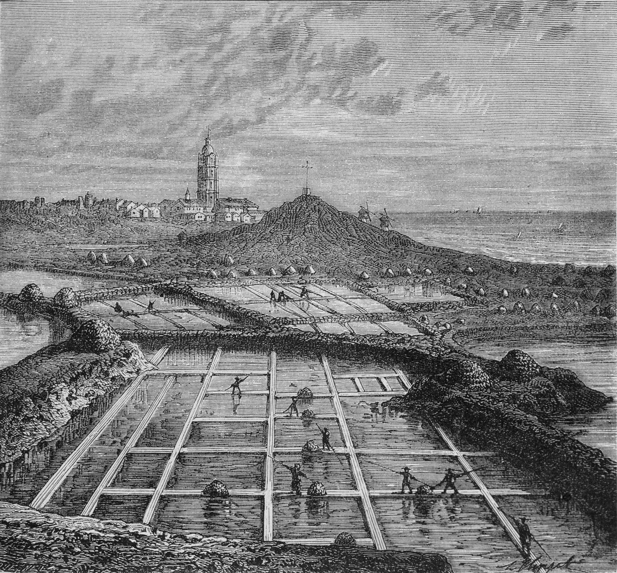 Saunierzy w słonych bagnach w Bourg de Batz, niedaleko Croizic (Bretania) w okresie Saunage. W „Cudach przemysłu” Louisa Figuiera. autorstwa Unknown artist
