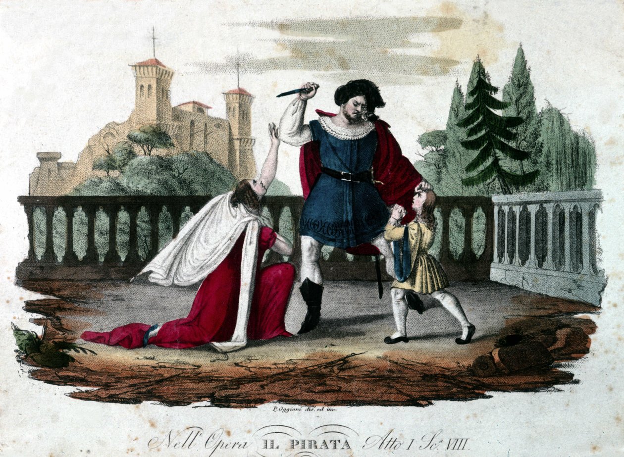 Scena 8 aktu V „Il pirata” (Pirat) Vincenzo Belliniego. Grawerunek kolorowy z 1827 roku. Pierwsze przedstawienie w teatro alla Scala. autorstwa Unknown artist
