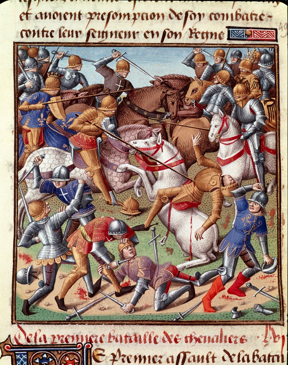 Miniatura sceny bitewnej w „Le Miroir historyl”” (Speculum Historiale) (ms. 1196 fol. 408 r.) Vincenta de Beauvais (1190-1264) w przekładzie na francuski Jean de Vignay autorstwa Unknown artist