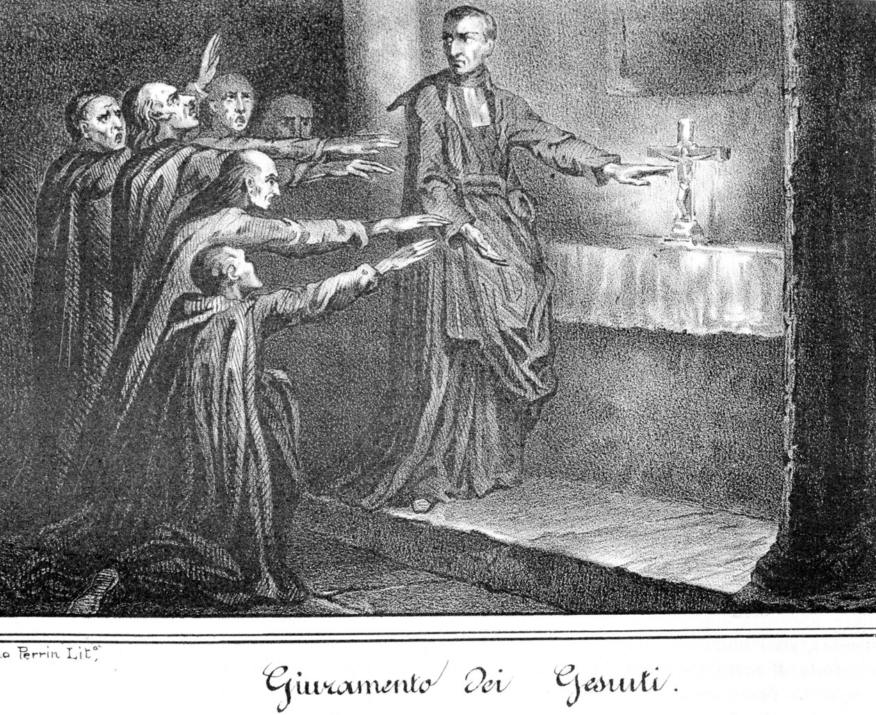 Scena przedstawiająca składanie przysięgi przez jezuitów. Rycina z końca XIX wieku. autorstwa Unknown artist