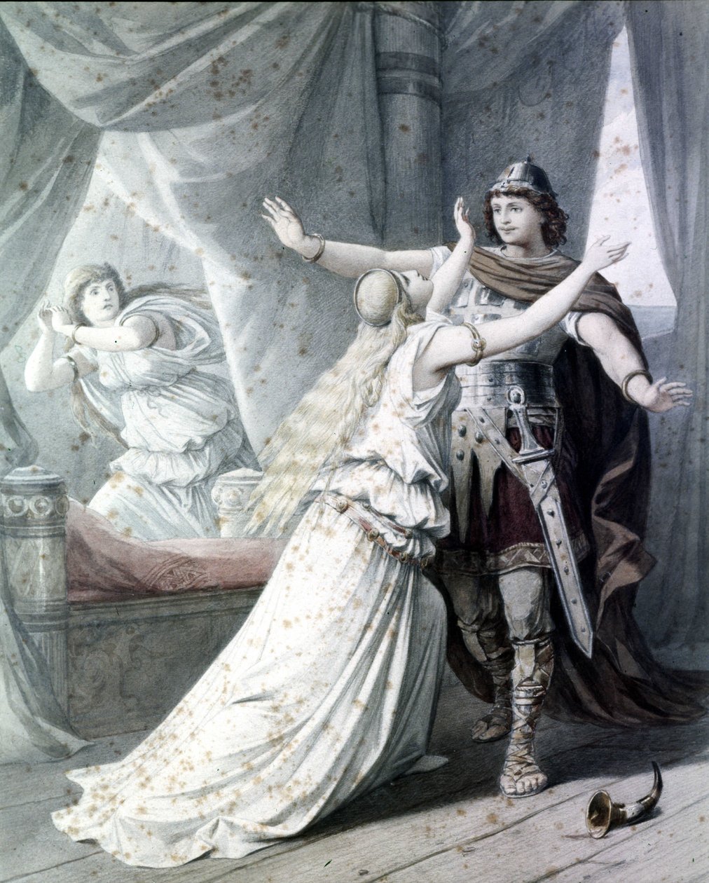 Scena „”Cola Rienzi, ostatni z trybunów”” (Rienzi, der Letzte der Tribunen), opera Ryszarda Wagnera przedstawiająca Heros Rienzi z Ireną w Pałacu Capitol. 1842. Grawerowanie. autorstwa Unknown artist