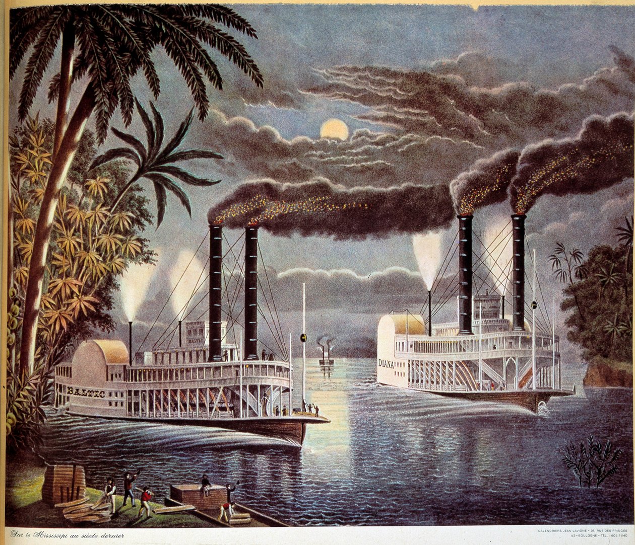 Scena nawigacji łodzią na rzece Missisipi w Stanach Zjednoczonych. 19 wiek. Paryż, Sztuka Dekoracyjna autorstwa Unknown artist