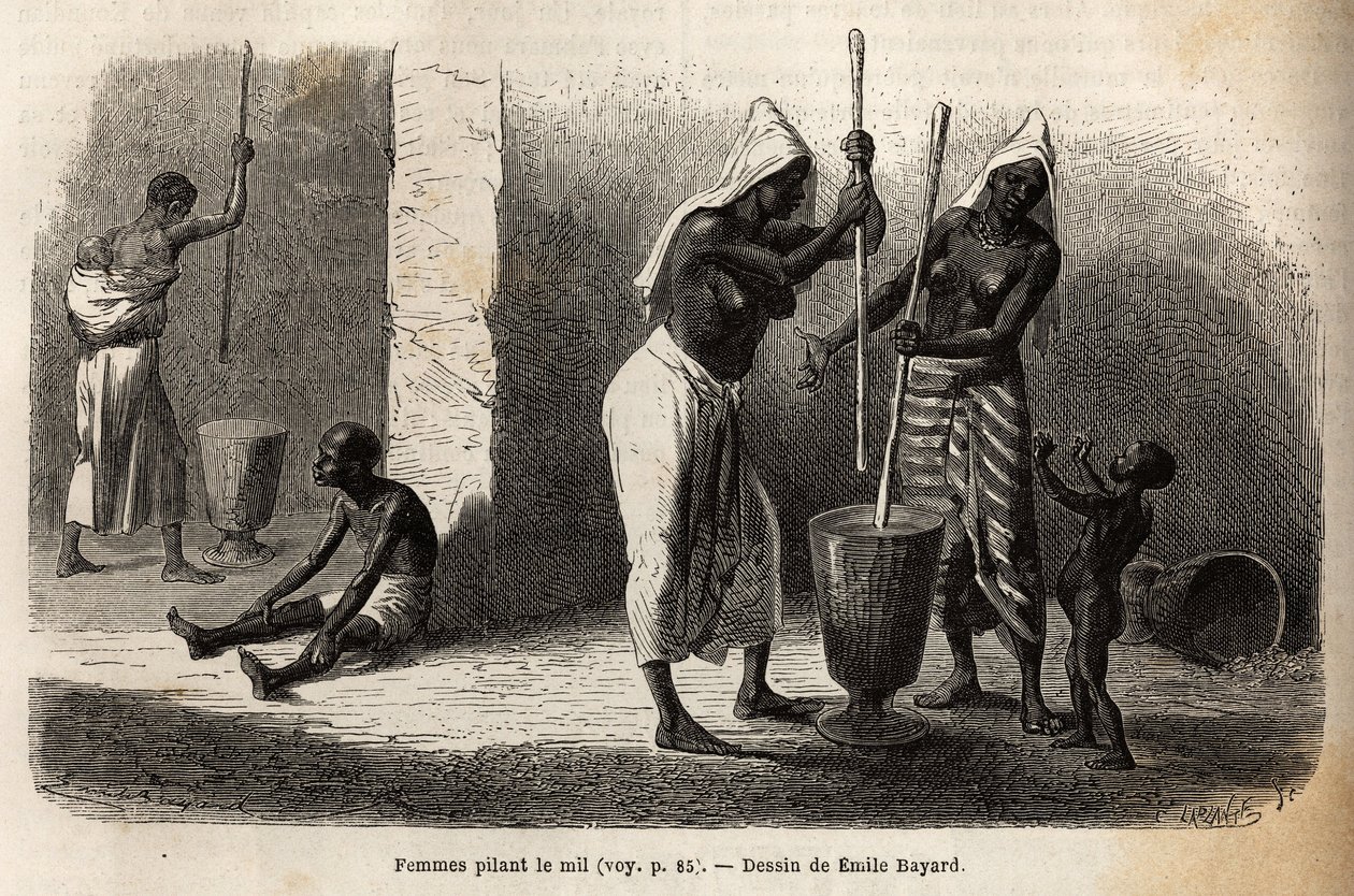 Scena życia codziennego: kobiety tłuczące proso w Sekou (Niger), otoczone dziećmi. Grawer ilustrujący wyprawę do Sudanu Zachodniego porucznika (marynarki) M.Mage, w latach 1863-1866, opublikowany w „Le tour du monde, nouveau journal des voyages”, pod reż. autorstwa Unknown artist