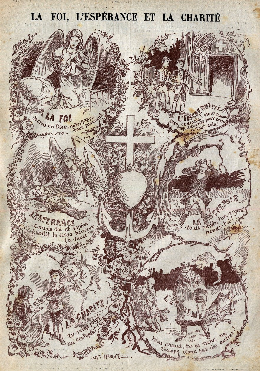 Sceny ilustrujące Wiarę, Nadzieję, Miłosierdzie i ich przeciwieństwo, Niewiary, Desperację i Egoizm. Ilustracja w „Le Pelerin” z 27 marca autorstwa Unknown artist