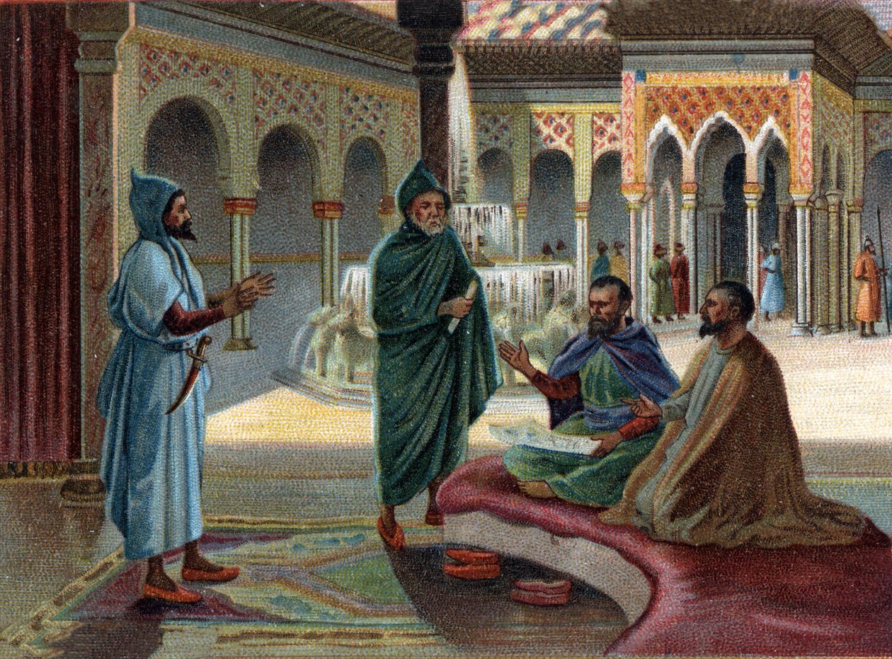 Sceny zaginionych królestw: Rada Maurów (Mauretańska nazwa nadana Arabom, którzy zajmowali część Hiszpanii) w Pałacu Alhambra w Granadzie. Granada to ostatnie państwo mauretańskie, ukończone w 1482 roku. Chromolitografia z XIX wieku. autorstwa Unknown artist