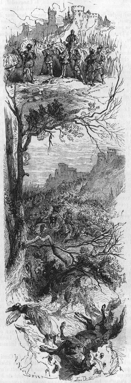 Sceny bitew. Ludwik XI podarował naszyjnik Raoulowi de Lannoi (1481), Combat de Therouanne (1480) i Marie de Bourgogne zranionej przez upadek konia (1482). Rycina XIX wieku. autorstwa Unknown artist