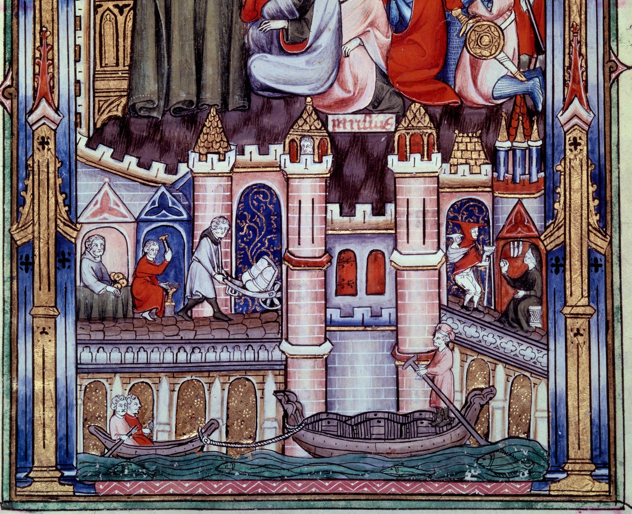 Sceny prac budowlanych i nawigacyjnych w Paryżu w średniowieczu. Miniatura z rękopisu „Życie św. Denisa” Yvesa, mnicha z Saint-Denis autorstwa Unknown artist