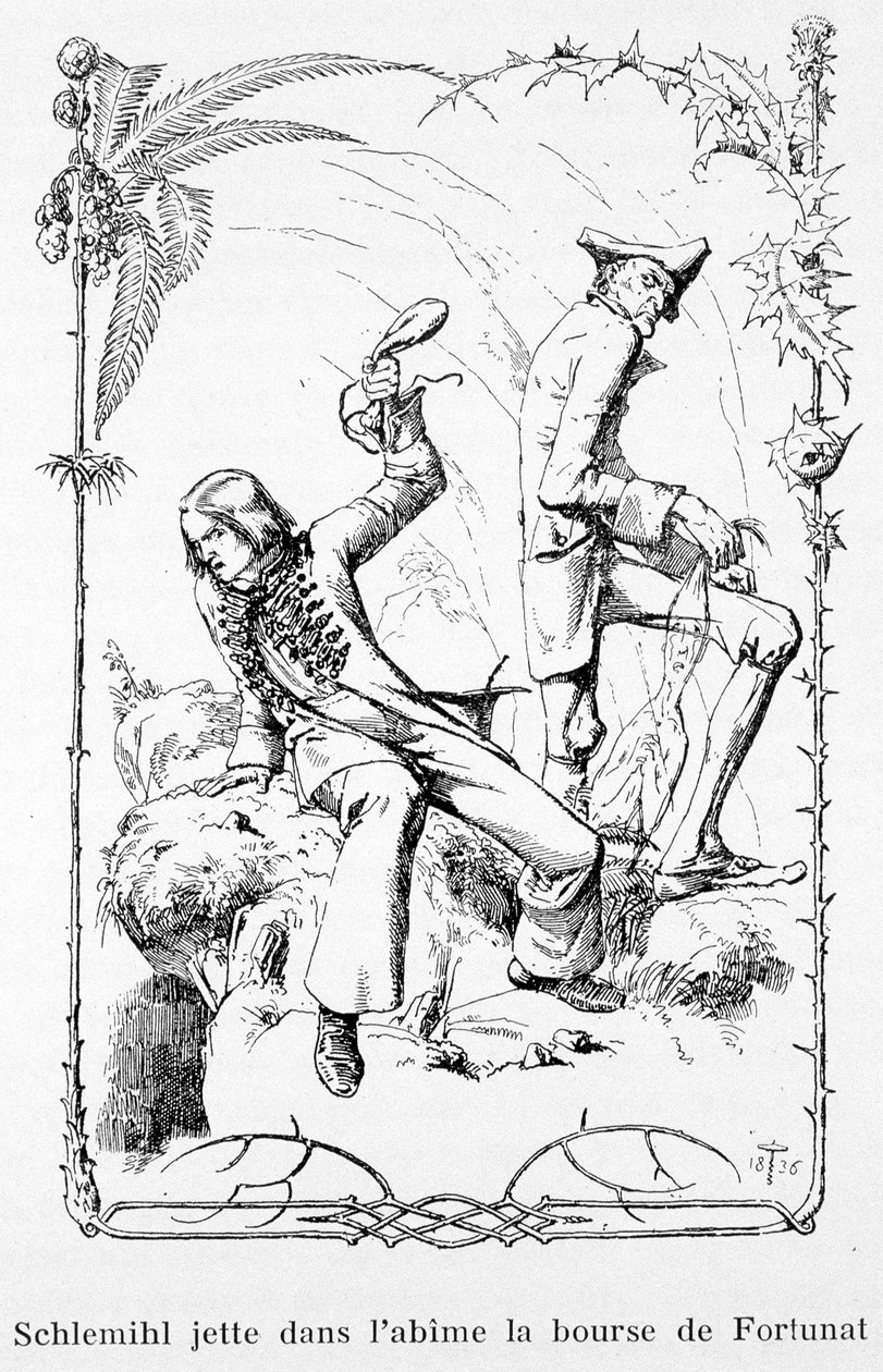 Schlemihl rzuca torebkę Fortunata w przepaść - w „Cudownej historii Pierre