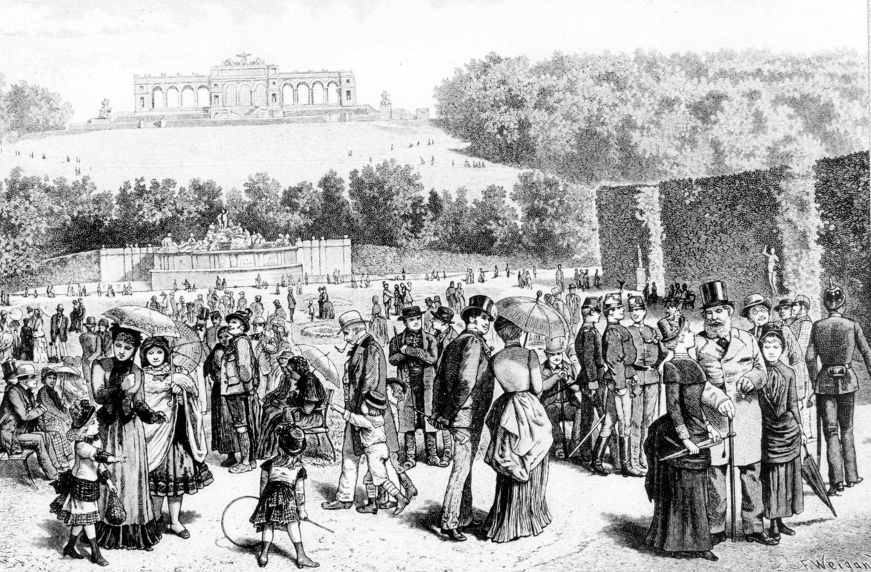 Schonbrunn Park, zespół pałacowo-ogrodowy położony niedaleko Wiednia, od XVIII wieku był letnią rezydencją rodu Habsburgów. Litografia XIX wieku. autorstwa Unknown artist