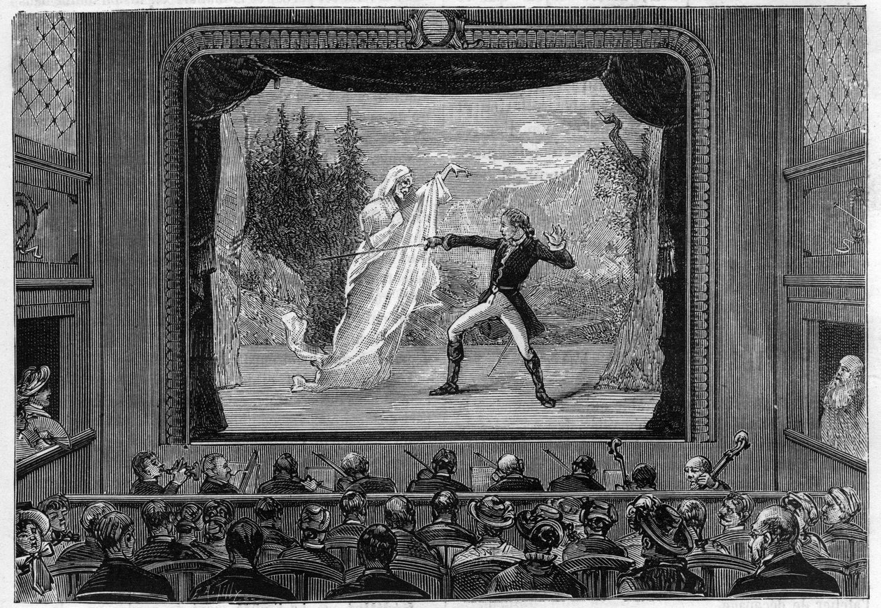 Pokazy naukowe: żywe widma. Przeżyj widma na scenie teatralnej. Komik walczy z duchem. Grawer w „”La Nature”” autorstwa Unknown artist