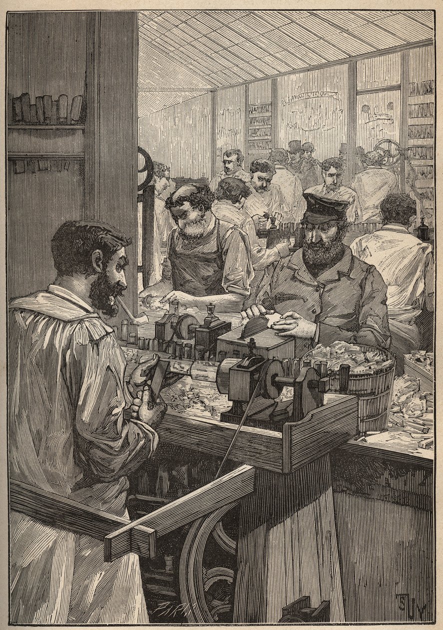 Sequim: produkcja rur z cekinami morskimi. Grawer z 1885 roku w „Les arts et metiers illustres” Adolphe BITARD. autorstwa Unknown artist