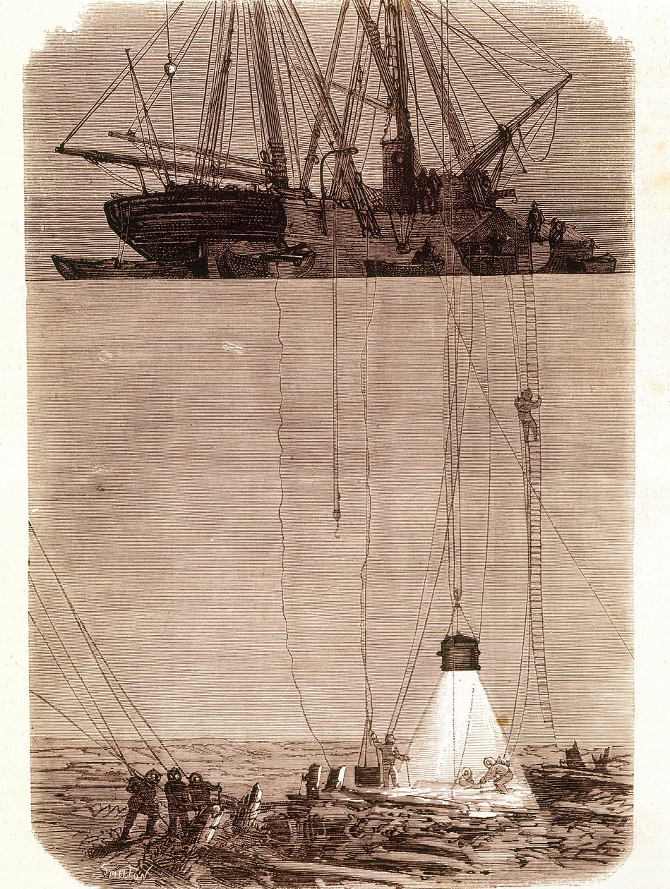 Poszukiwanie hiszpańskich galeonów rozbitych w zatoce Vigo w 1702 roku. Strona zaczerpnięta z „” Emporio Picturesco”” 1871 autorstwa Unknown artist