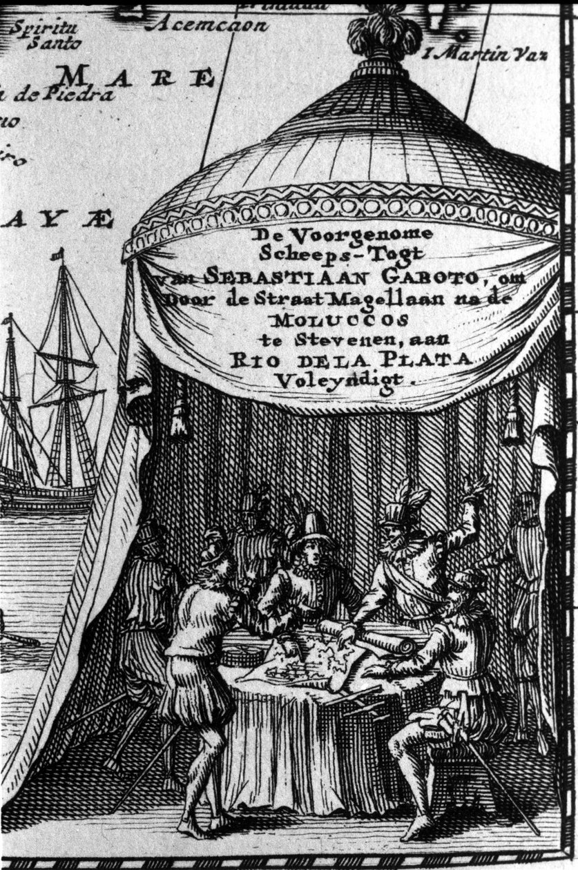 Sebastiano Caboto (Sebastien Cabot) reprezentuje na kartridżu mapy nawigacyjnej z innymi nawigatorami. Początek XVII wieku. autorstwa Unknown artist