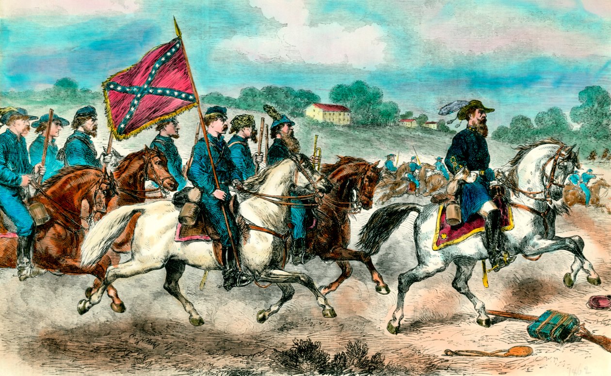 Wojna secesyjna: „”Generał Stuart z kawalerią konfederatów w 1862””Rycina XIX-wiecznej kolekcji prywatnej autorstwa Unknown artist