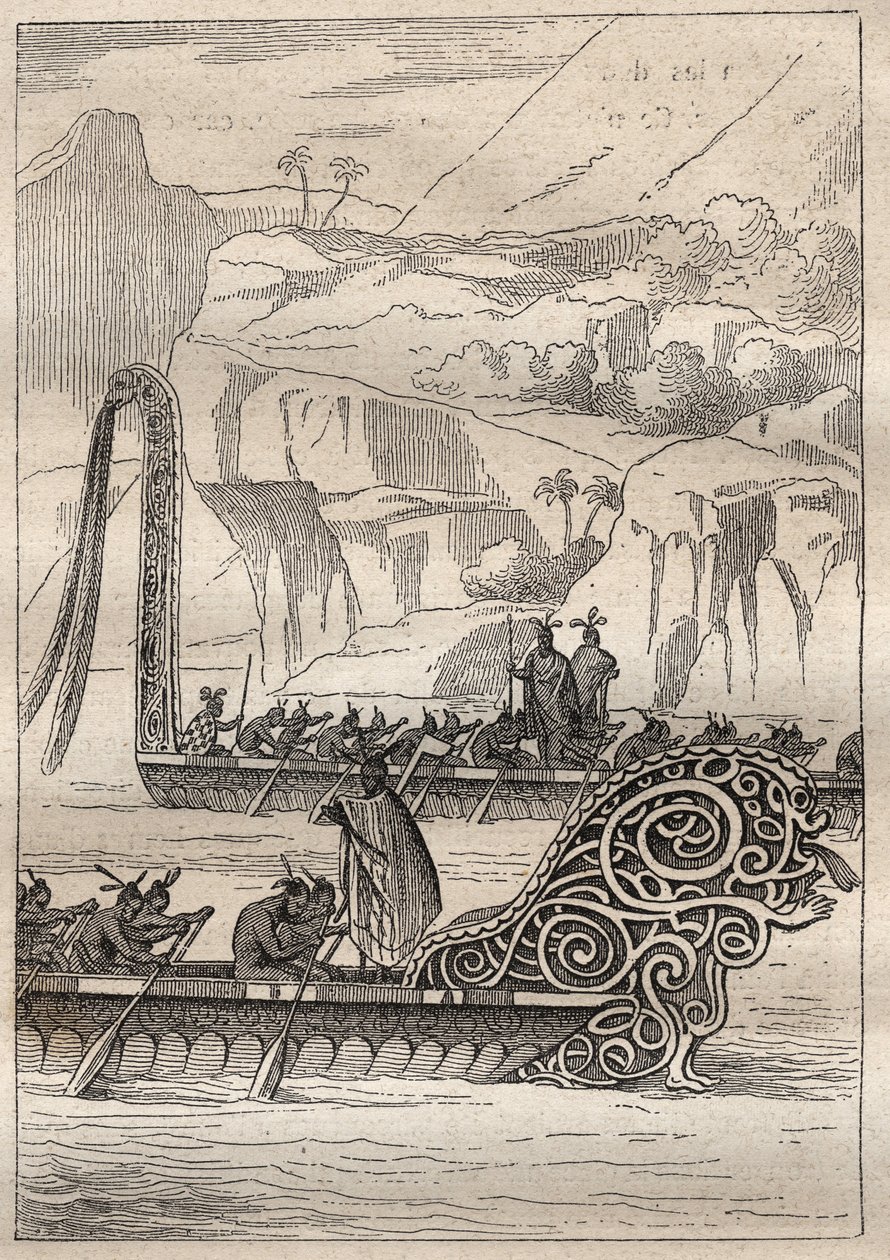 Drugi rejs (1772-1775) kapitana Jamesa Cooka (1728-1779): kajaki wojenne Neo-Zelandans (Neo Zelandaises) - ilustracja zaczerpnięta z „Wielkich marynarzy XVIII wieku”” autorstwa Unknown artist