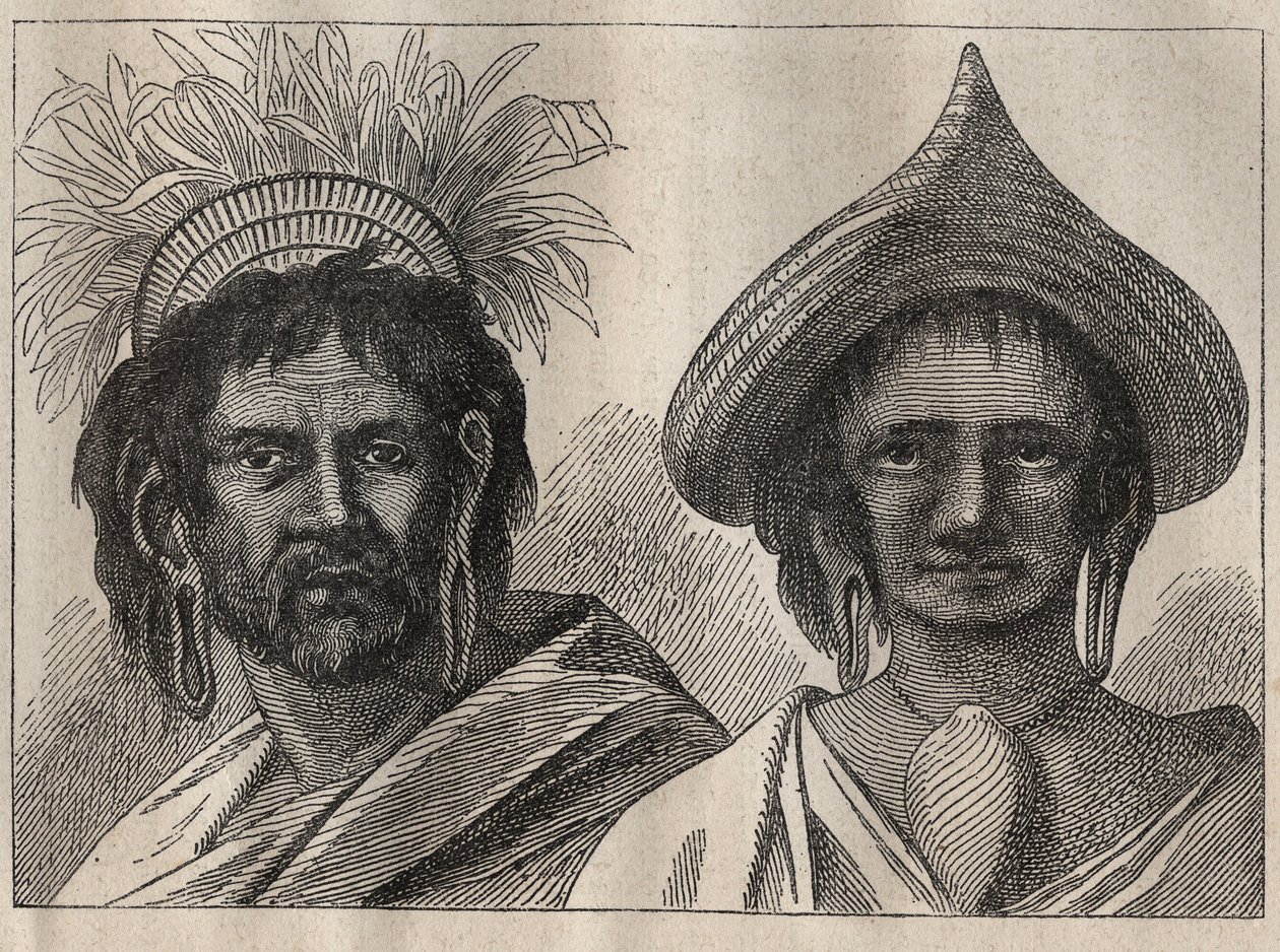 Drugi rejs (1772-1775) kapitana Jamesa Cooka (1728-1779): mężczyzna i kobieta z Wyspy Wielkanocnej - ilustracja z „Wielkich marynarzy XVIII wieku”” autorstwa Unknown artist