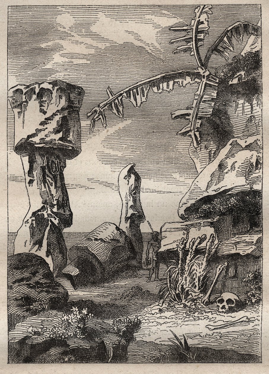 Drugi rejs (1772-1775) kapitana Jamesa Cooka (1728-1779): pomniki Wyspy Wielkanocnej (pomniki, moai) - ilustracja zaczerpnięta z „Wielkich żeglarzy XVIII wieku”” autorstwa Unknown artist