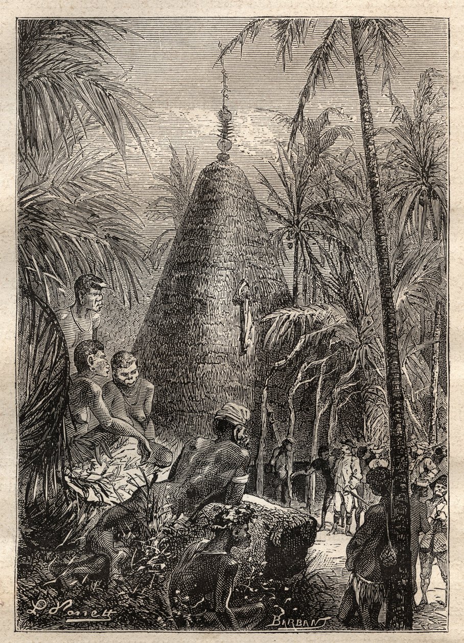 Drugi rejs (1772-1775) kapitana Jamesa Cooka (1728-1779): tradycyjny okrągły dom, na dachu znacznej wysokości (Nowa Kaledonia) - ilustracja zaczerpnięta z „Wielkich żeglarzy XVIII wieku”” autorstwa Unknown artist