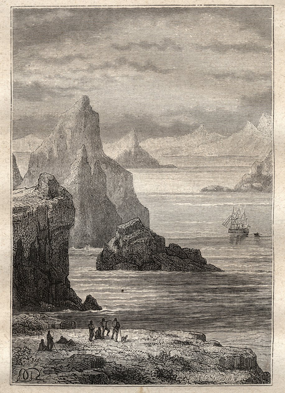 Drugi rejs (1772-1775) kapitana Jamesa Cooka (1728-1779): widok na kanał Noel, Terre de Fuego - ilustracja zaczerpnięta z „Wielkich marynarzy XVIII wieku”” autorstwa Unknown artist