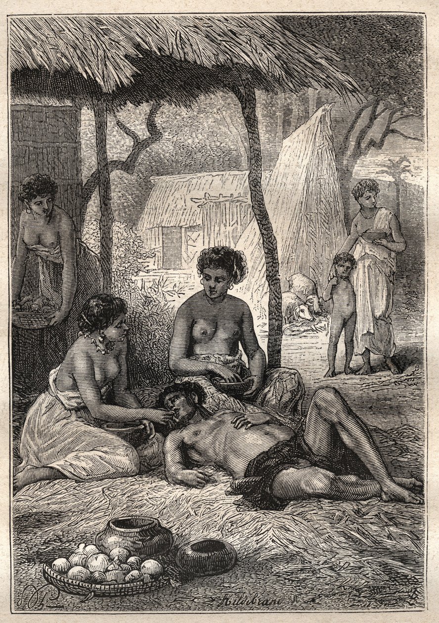 Druga wyprawa (1772-1775) kapitana Jamesa Cooka (1728-1779): wyspa, która spędziła dzień pochłonięta przez swoje żony (Tahiti) - ilustracja zaczerpnięta z „Wielkich marynarzy XVIII wieku” autorstwa Unknown artist