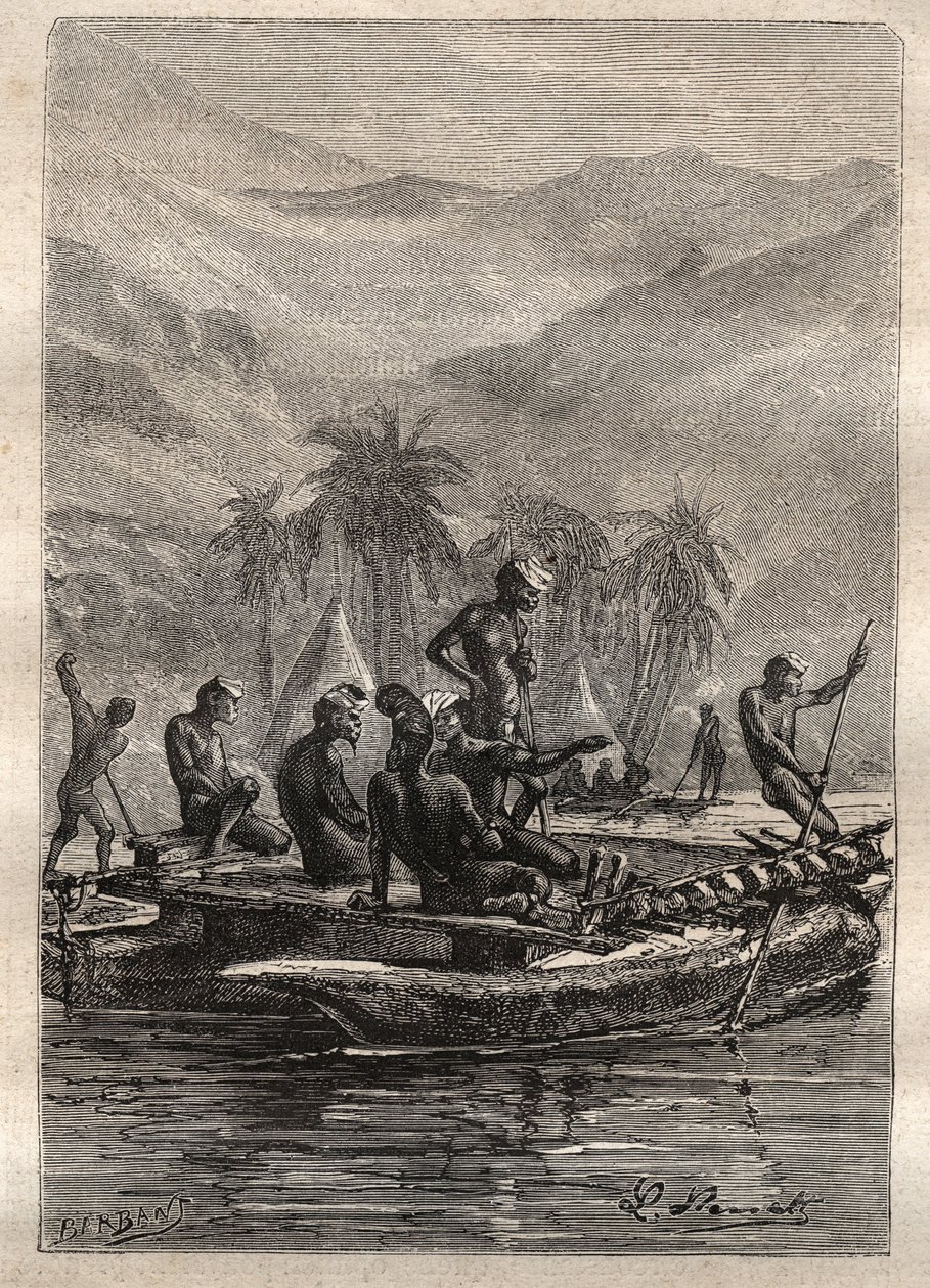 Druga wyprawa (1772-1775) kapitana Jamesa Cooka (1728-1779): tubylcy mieli wystarczającą pewność siebie, aby zbliżyć się i wymienić (Nowa Kaledonia) - ilustracja zaczerpnięta z „Wielkich marynarzy XVIII wieku” autorstwa Unknown artist