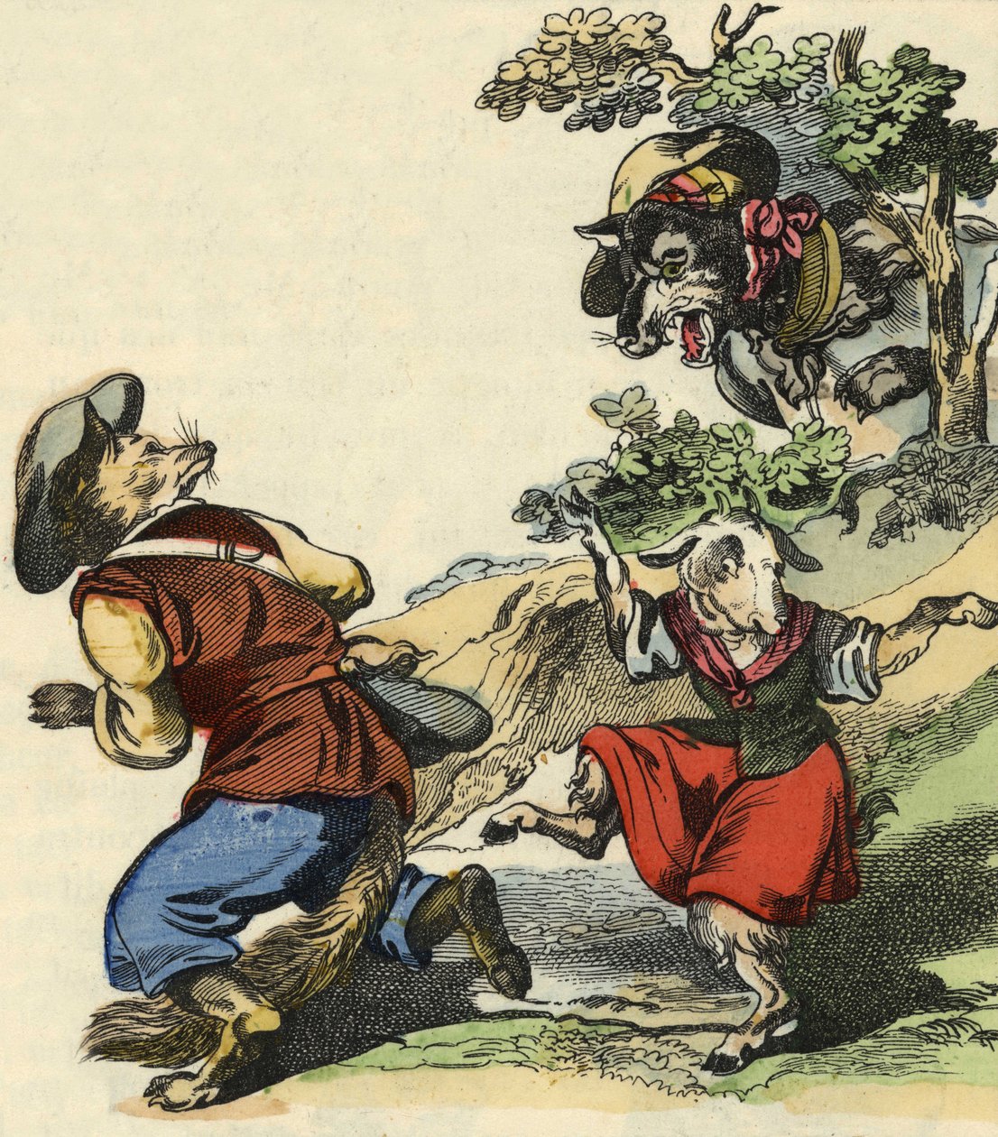 Widząc wilka, Mistrz Lis uciekł, pozostawiając małego Chevrette w niebezpieczeństwie. Ilustracja do bajki „Bon medor i mały Chevrette””. W „Opowieściach z domu dla najmłodszych””. Anonimowy rycina z XIX wieku. autorstwa Unknown artist