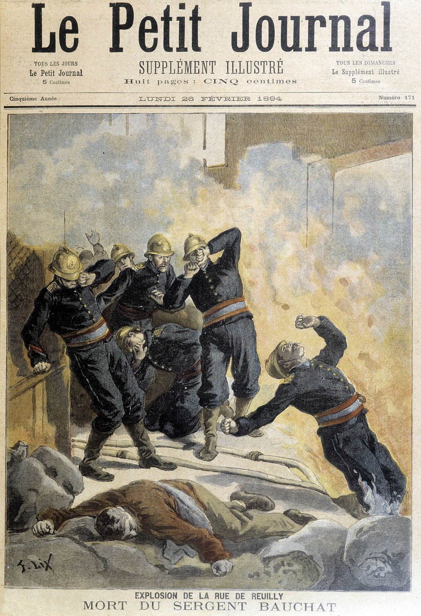 Sierżant Buchat zginął podczas pożaru strażaków po eksplozji rue de Reuilly. Ilustracja „Małego Dziennika” z 1894 roku. autorstwa Unknown artist