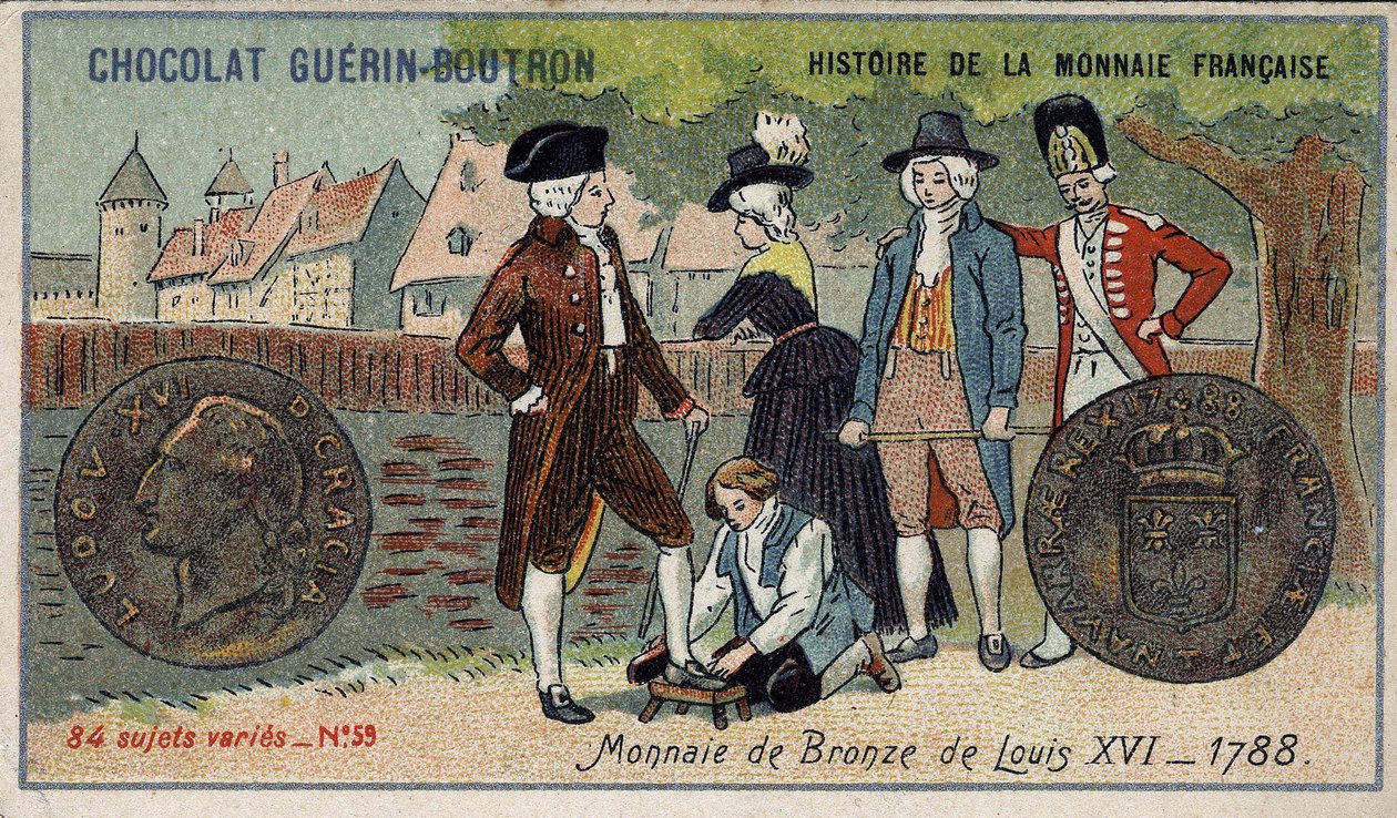 Seria Historia waluty francuskiej wydana przez Chocolat Guérin Boutron. XIX-wieczna chromolitografia. Brązowa moneta Ludwika XVI z 1788 r. autorstwa Unknown artist