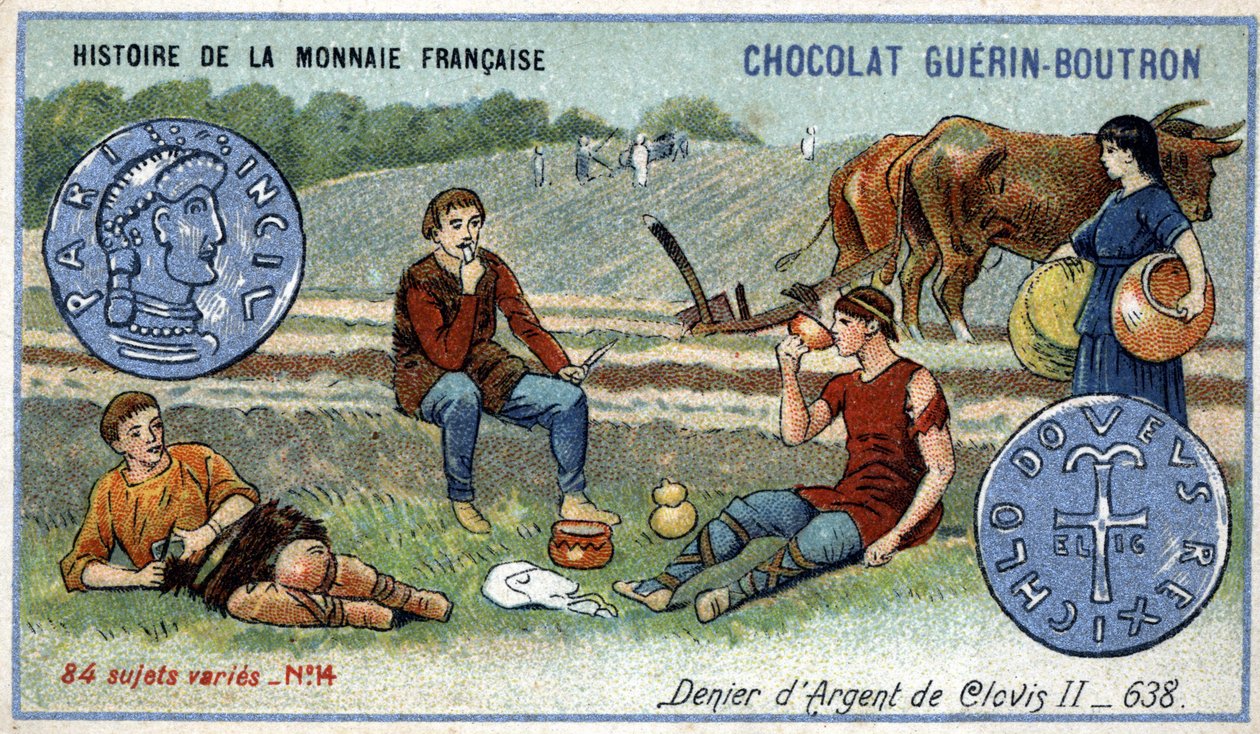Seria Historia waluty francuskiej wydana przez Chocolat Guérin Boutron. XIX-wieczna chromolitografia. Srebrny denier Clovis II w 638 autorstwa Unknown artist
