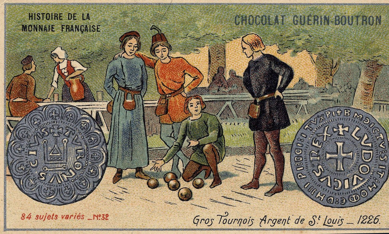 Seria Historia waluty francuskiej wydana przez Chocolat Guérin Boutron. XIX-wieczna chromolitografia. Wielkie turnieje. Srebro św. Ludwika. 1226 autorstwa Unknown artist