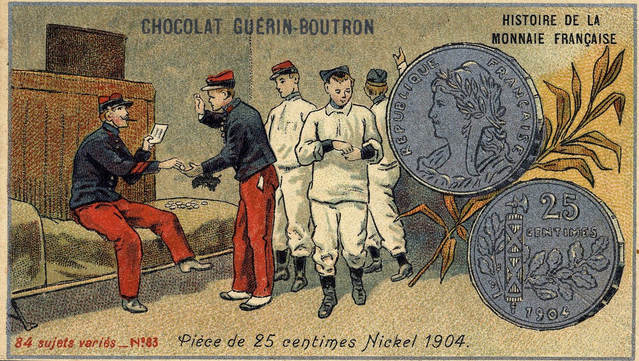 Seria Historia waluty francuskiej wydana przez Chocolat Guérin Boutron. XIX-wieczna chromolitografia. Moneta 25 centów. Nikiel 1904 autorstwa Unknown artist