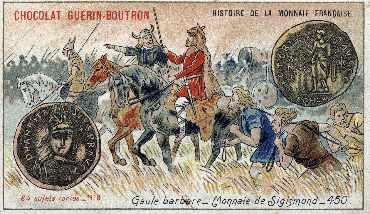Seria Historia waluty francuskiej wydana przez Chocolat Guérin Boutron. XIX-wieczna chromolitografia. Gali Barbarzyńców. Waluta Zygmunta. autorstwa Unknown artist