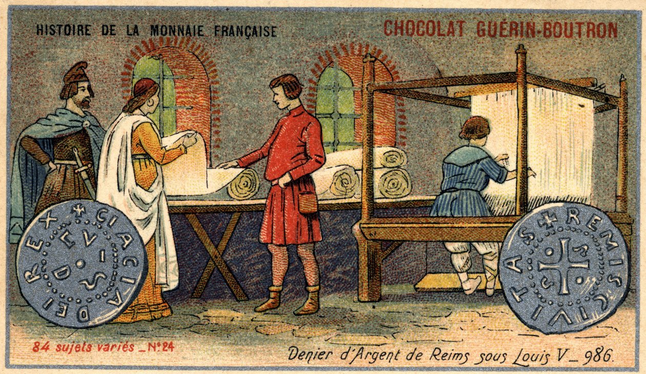 Seria Historia waluty francuskiej wydana przez Chocolat Guérin Boutron. XIX-wieczna chromolitografia. Srebrny Denier z Reims pod rządami Ludwika V w 986 r. autorstwa Unknown artist