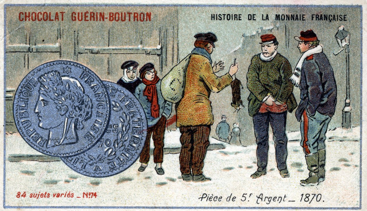 Seria Historia waluty francuskiej wydana przez Chocolat Guérin Boutron. XIX-wieczna chromolitografia. Srebrna moneta 5 franków z 1870 r autorstwa Unknown artist