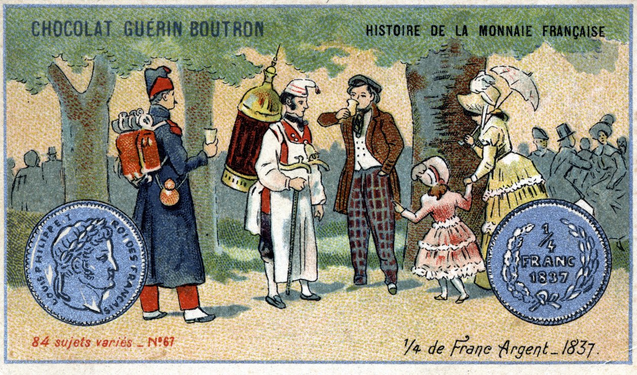 Seria Historia waluty francuskiej wydana przez Chocolat Guérin Boutron. XIX-wieczna chromolitografia. ćwierć franka srebrnego w 1837 r. autorstwa Unknown artist