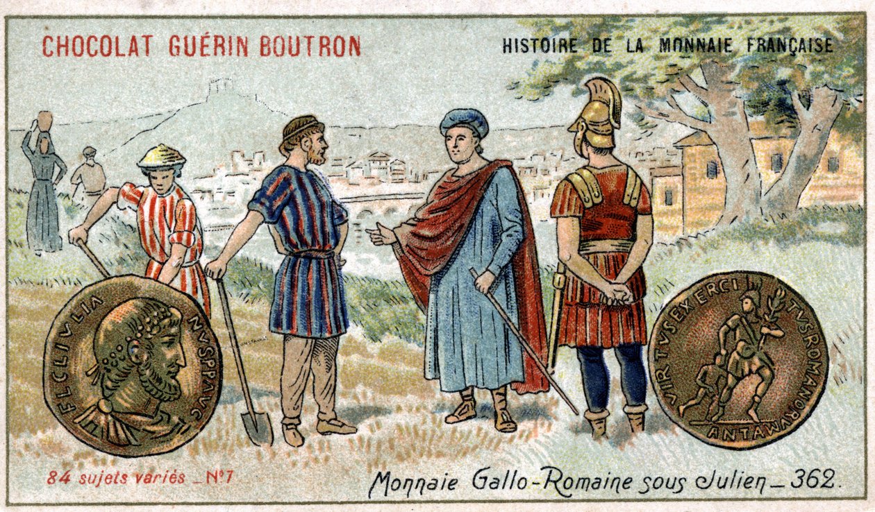 Seria Historia waluty francuskiej wydana przez Chocolat Guérin Boutron. XIX-wieczna chromolitografia. Monety Gallo Roman pod Julien autorstwa Unknown artist