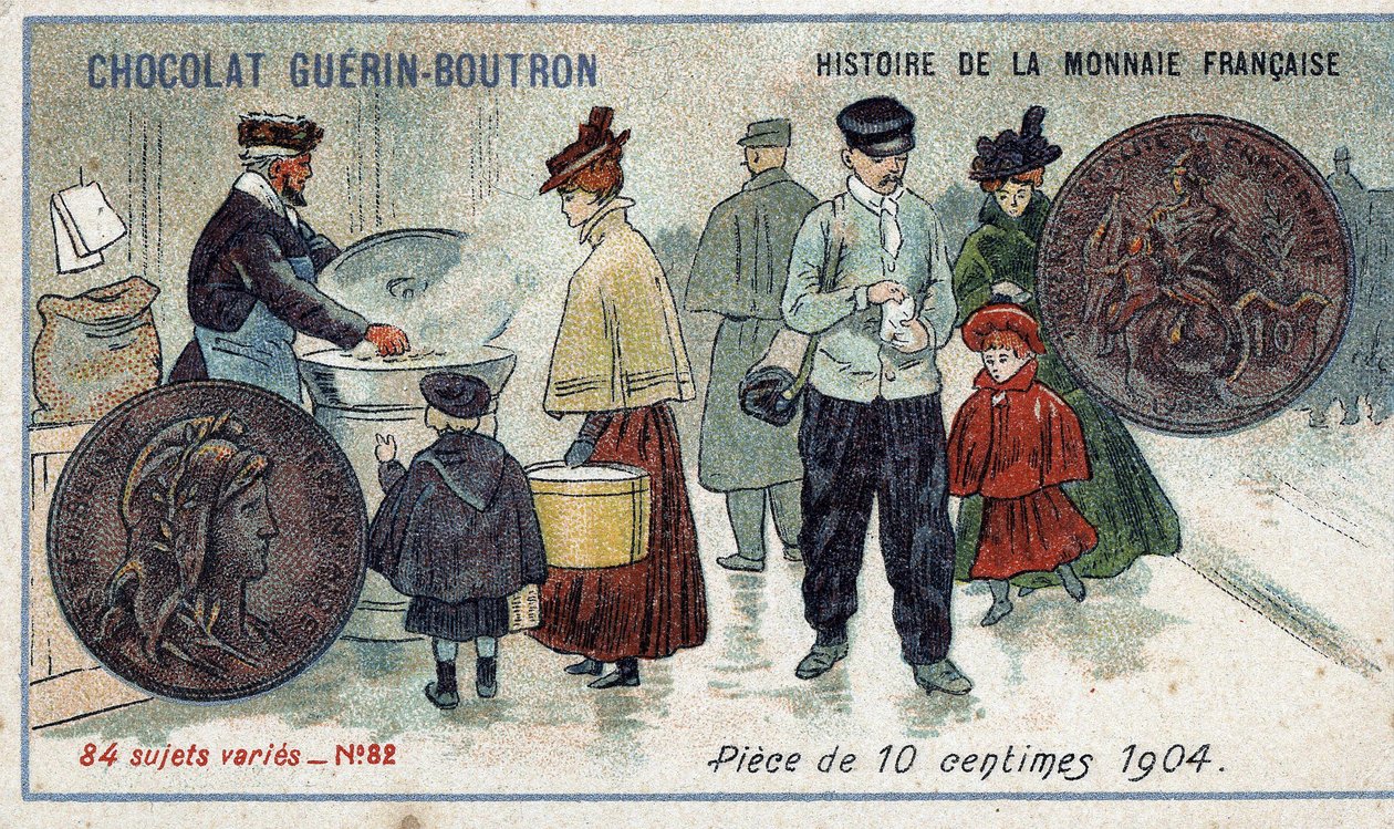 Seria Historia waluty francuskiej wydana przez Chocolat Guérin Boutron. XIX-wieczna chromolitografia. Moneta 10 centów w 1904 r. autorstwa Unknown artist